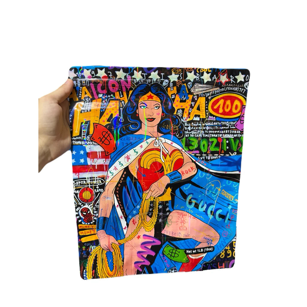 Super Woman Art Mylar Zip Lock Bag for Cannabis size 454 grams / 1 lb