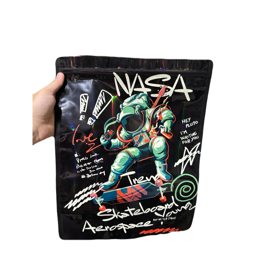 Nasa Skateboard Art Mylar Zip Lock Bag for Cannabis size 454 grams / 1 lb